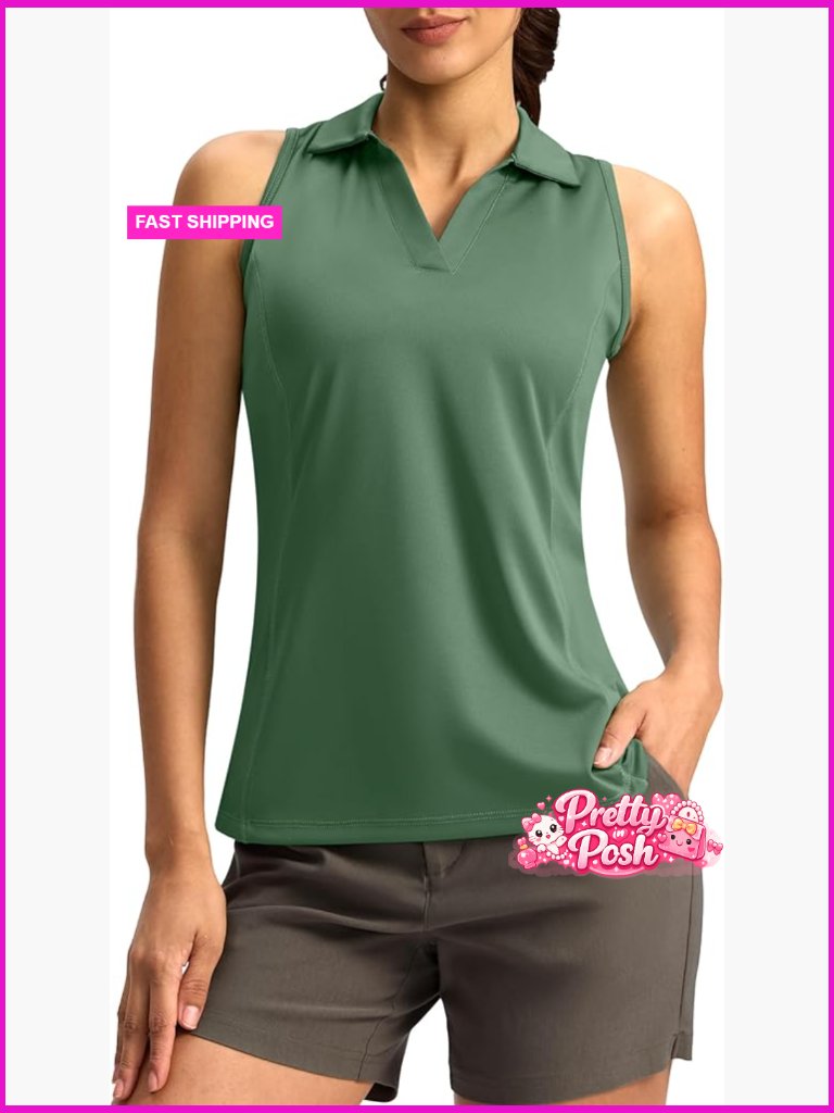 Sleeveless V-Neck Golf Polo Quick Dry Polyester Athletic Top